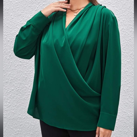 Elegant Classic Surplice Drape Neck Cuff Long Sleeve Top Blouse Shirt Green - Picture 4 of 5